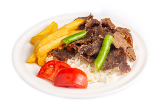 Meat doner menu, iskender menu on plate, turkish special meat doner, food, special menu (Turkish name; pilav &uuml;st&uuml; et doner)