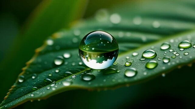 Spherical Dew Drop Rolling Off Velvet Leaf - Hyper-Realistic Macro Nature Motion