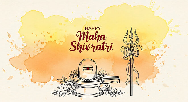Happy Maha Shivratri Watercolor Trishul and Shiva Lingam Greeting Card.