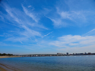 愛知県の観光名所新舞子マリンパークのビーチと周辺の住宅地の風景