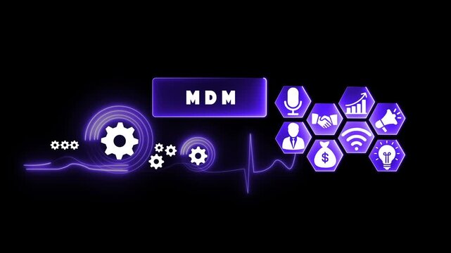 Business concept graphic with MDM text and business icons on a dark background education learning
