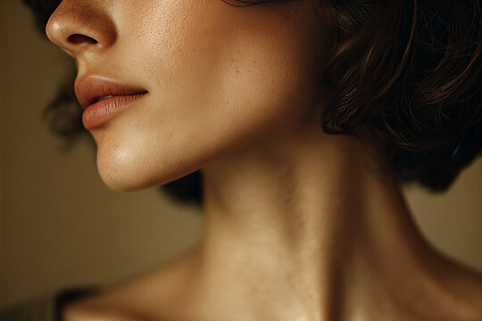 Young female model in minimal close - profile, soft slightly parted lips, freckled jawline and neck, short dark wavy hair, warm studio lighting