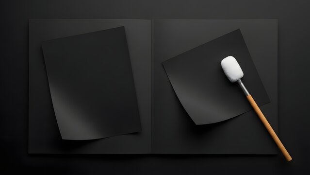 Minimalist flat lay of an open black book with blank dark pages and a white applicator, ideal for sophisticated mockups and elegant design presentations