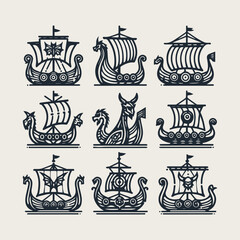 Viking ship vector icon set