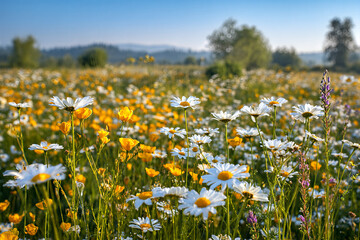 Fototapeta premium European botanist's field study in a sunlit spring meadow of white oxeye daisies, golden buttercups and purple spike wildflowers