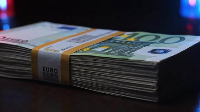 Stack of Euro Banknotes Under Flashing Police Lights, Symbolizing Crime and Finance