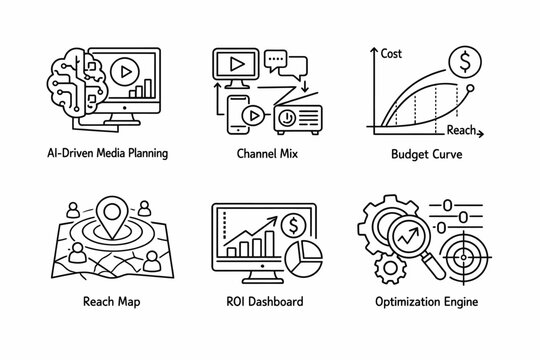 Ai media planning and optimization icons: budget, channel, reach, roi analysis