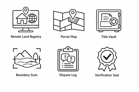 Icon set for remote land registry, parcel map, title vault, boundary scan, dispute log, verification seal