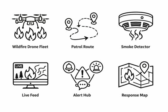 Wildfire management: drone fleet, patrol route, smoke detection, live feed, alert hub, response map