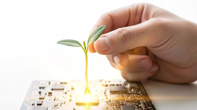 Hand Holding Sprout Growing from Circuit Board with Copy Space