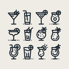 icon set Simple outline cocktails vector