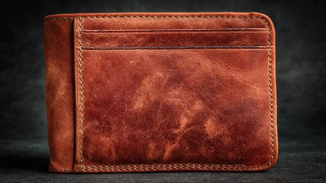 A close-up shot of a brown leather wallet with visible stitching, textures, and pocket details