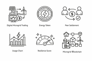Fototapeta premium Digital microgrid trading and blockchain energy solutions icon set
