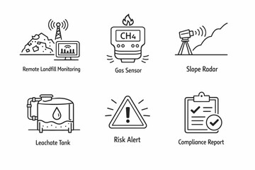 Environmental monitoring icons: landfill, gas sensor, radar, leachate, risk, compliance
