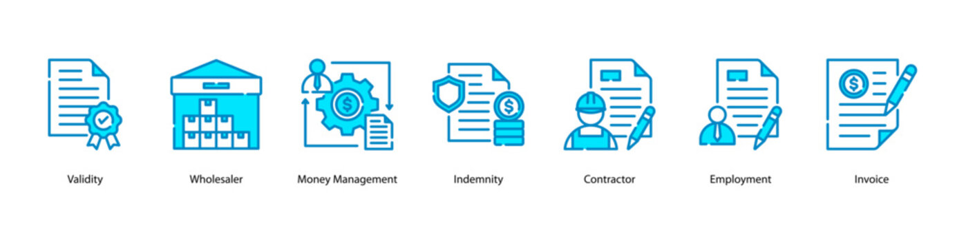 Commercial Agreement web banner featuring Validity, Wholesaler, Money Management, Indemnity, Contractor, Employment, and Invoice for reliable trade and financial operations.
