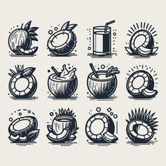 Coconut milk vector icon set