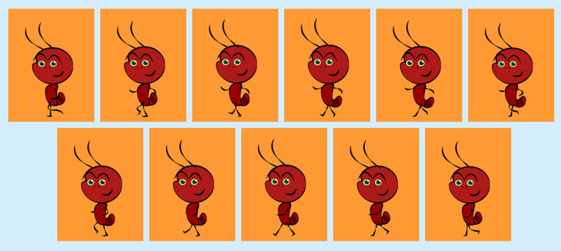 Cartoon Ant side Frame by Frame walk cycle classic animation vector Illustration ready to use in 2D Animation, Motion Graphics, Animated Clips, motion posters, Web, Game