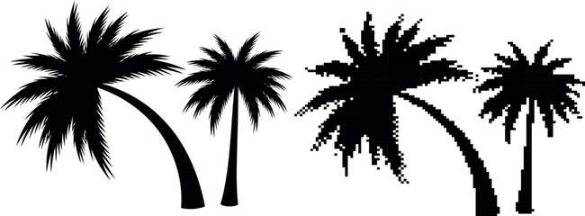 Two silhouetted palm trees with curved trunks on transparent background © Shoaib