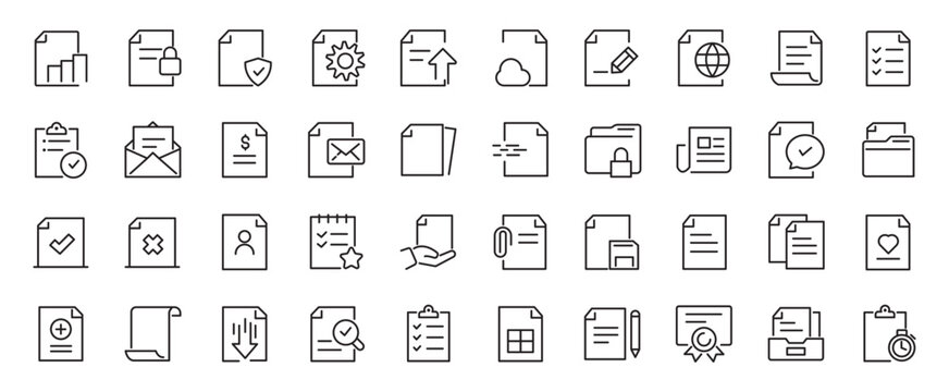 Document set of web icons in line style. Documents linear icon collection. Containing contract papers, folder, certificate, accept, approved, clipboard, invoice, archive and more. Editable stroke
