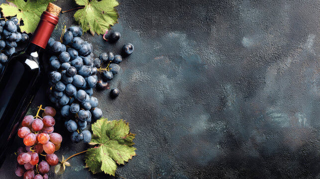Wine bottle and grapes are arranged on a dark surface. The flatlay shows details of the wine and grapes with room for text to enhance any wine-related material
