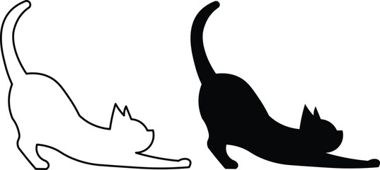 Fototapeta premium Two stylized cats stretching, one as a white outline and the other as a black silhouette, on a white background.