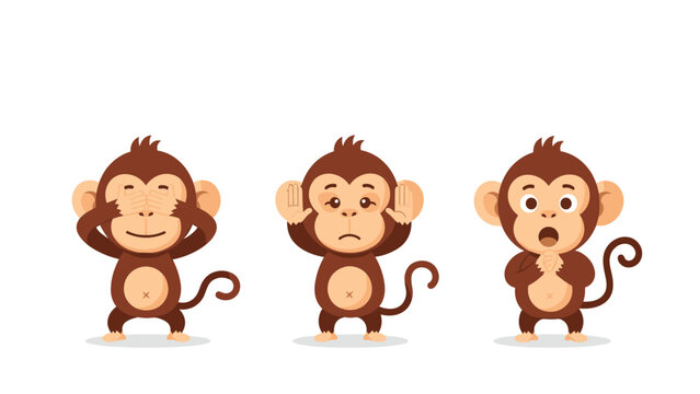 Three cute little monkeys demonstrate the classic wise monkey poses with hands over eyes, ears, and mouth on a white background.