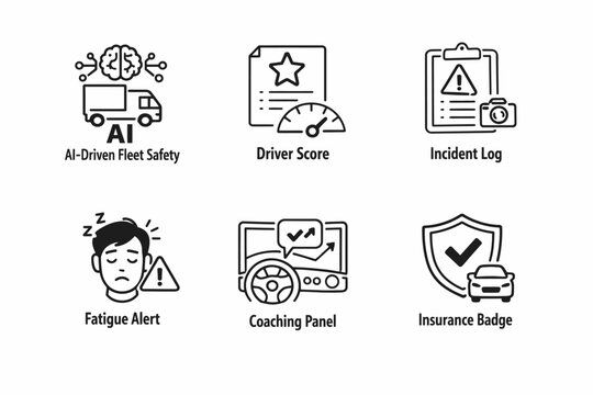 Ai-driven fleet safety icons: driver score, incident log, fatigue alert, coaching panel, insurance badge