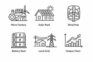 Obraz premium Sustainable energy solutions: factory, solar roof, wind pod, battery, grid, chart