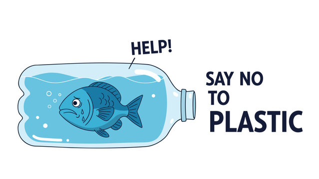 Sad blue fish trapped inside a plastic bottle filled with water calls for help as part of a campaign to say no to plastic waste.