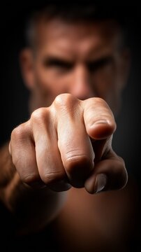 Mann zeigt drohend mit ausgestrecktem Finger direkt in Richtung Betrachter