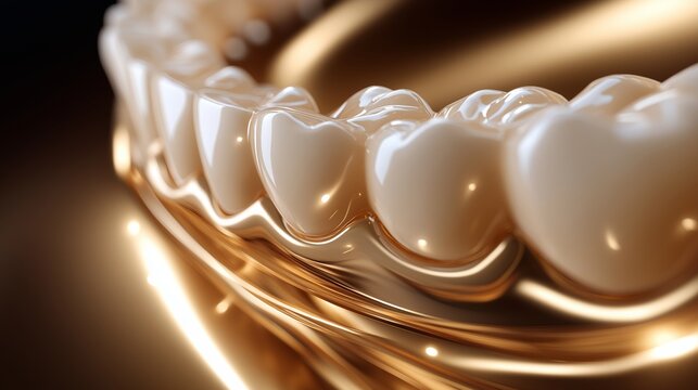 Elegante Zahnprothese mit Golddetails auf goldenem Untergrund in warmem Licht