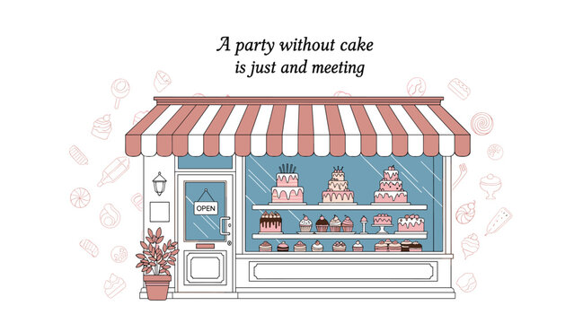 Charming bakery storefront illustration with various layered cakes and cupcakes displayed behind a glass window under a red striped awning.