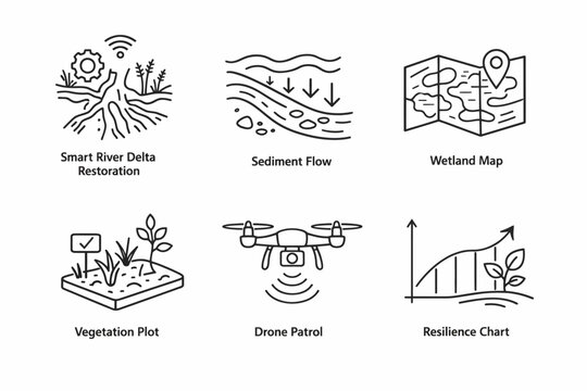 Illustrations of river delta, sediment flow, wetland map, vegetation plot, drone patrol, resilience chart