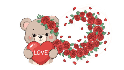 Sweet teddy bear holding a large red heart with love text while being surrounded by a swirling trail of beautiful red roses and petals.