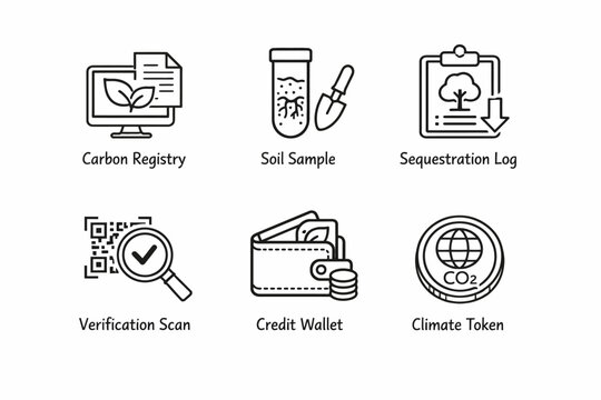Eco-friendly solutions: carbon registry, soil sample, sequestration log, and climate token icons