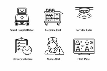Fototapeta premium Smart hospital technology icons: robot, medicine cart, nurse alert, fleet panel, lidar, schedule