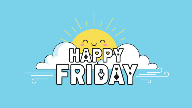 Happy friday weekend celebration text with a cute smiling sun rising behind clouds on a blue background with flowing wind symbols.