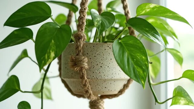 Lush Green Pothos Houseplant in Modern Ceramic Pot Hanging by Macrame Rope Near Window with Soft Natural Light for Home Decor and Interior Design.