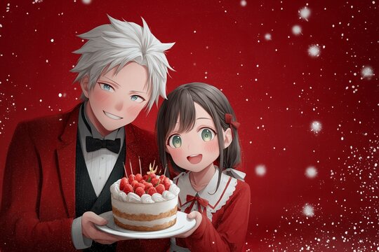 Anime-Paar mit Erdbeertorte im Schneefall vor rotem Hintergrund in romantischer Winterszene