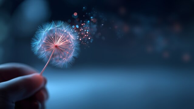 Hand h&auml;lt zarte Pusteblume mit Samenschirmchen vor unscharfem Hintergrund mit warmem Bokeh