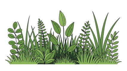 Obraz premium Illustration of diverse green plants and foliage in a landscape arrangement from a frontal viewpoint