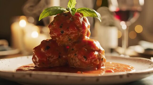 Steaming Hot Meatballs in Marinara Sauce with Basil Garnish, Romantic Dinner Setting