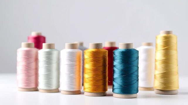Colorful spools of thread arranged on a white surface, perfect for sewing and crafting projects.