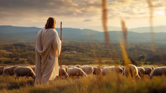 Jesus walking on a peaceful hillside at twilight amid sheep.