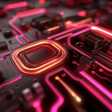 Nahaufnahme eines Computerchips mit leuchtend roten Leiterbahnen und Schaltkreisen auf schwarzer Platine