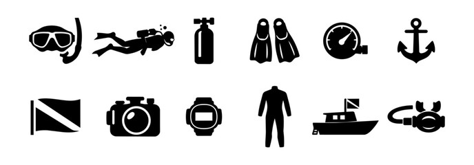 Scuba Diving and Underwater Activity Icons Set – 12 Black Silhouette Diving Equipment Symbols © Mediasegment