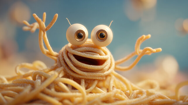 Flying spaghetti monster cartoon illustration for religious satire and pasta dish concept art