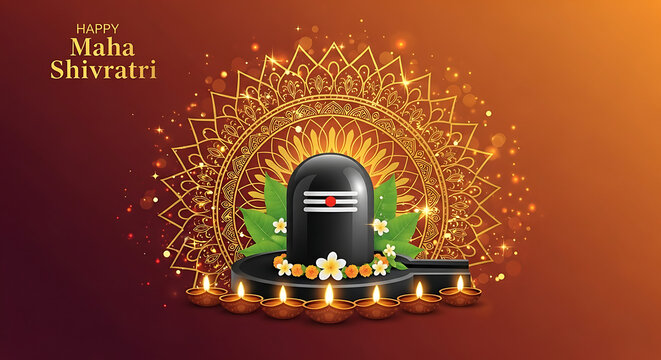 Happy Maha Shivratri Decorative Mandala with Shiva Lingam and Bilva Leaves