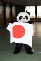 日の丸の国旗を広げて持つパンダの着ぐるみ　日本代表の応援とスポーツイベントのイメージ