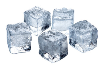 Obraz premium Five translucent ice cubes, arranged to appear clustered, set against a stark black backdrop